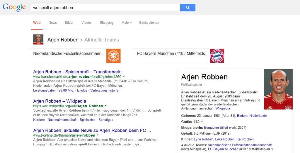 Screenshot Suchanfrage wo spielt spielername - exemplarisch arjen robben