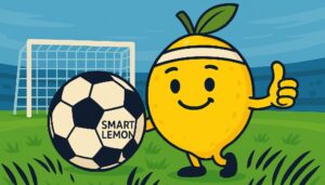 Cartoonhafte Darstellung einer Zitrone vor einem Fußball, auf dem SMART LEMON steht - SMART LEMON