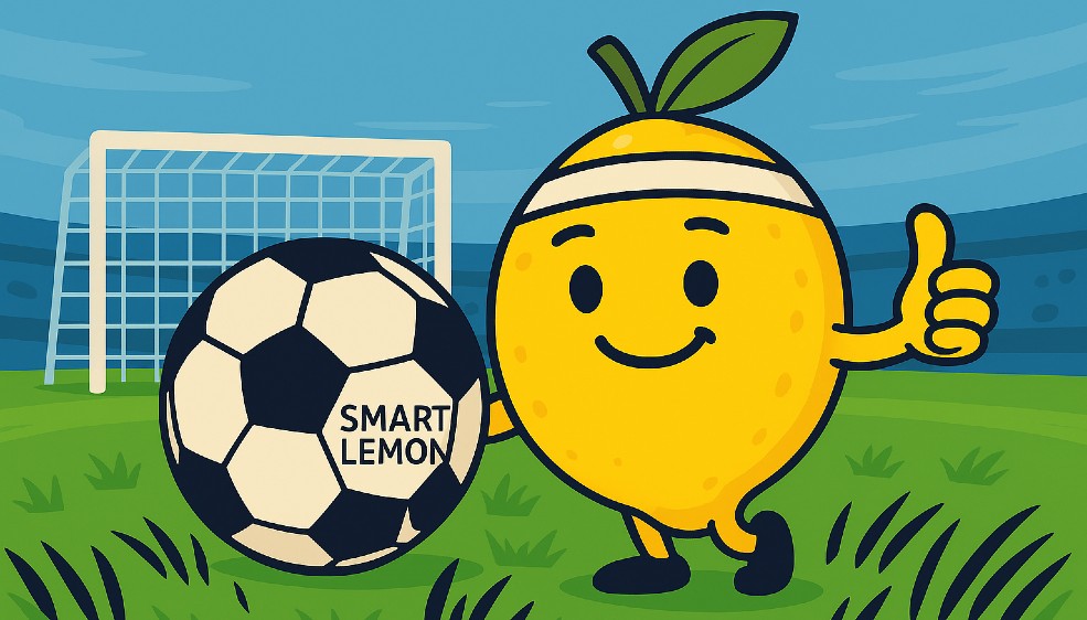 Cartoonhafte Darstellung einer Zitrone vor einem Fußball, auf dem SMART LEMON steht - SMART LEMON