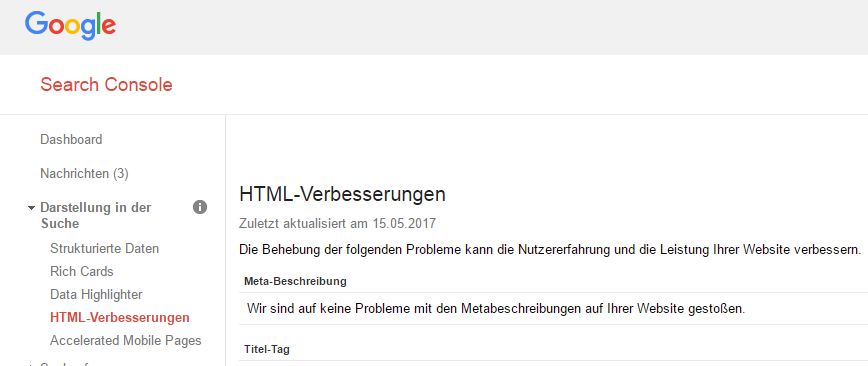 Google Search Console ->Darstellung in der Suche -> HTML-Verbesserungen