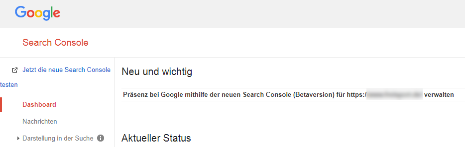 Screenshot Google Search Console mit Link zur neuen Beta-Version aus dem alten Dashboard heraus.