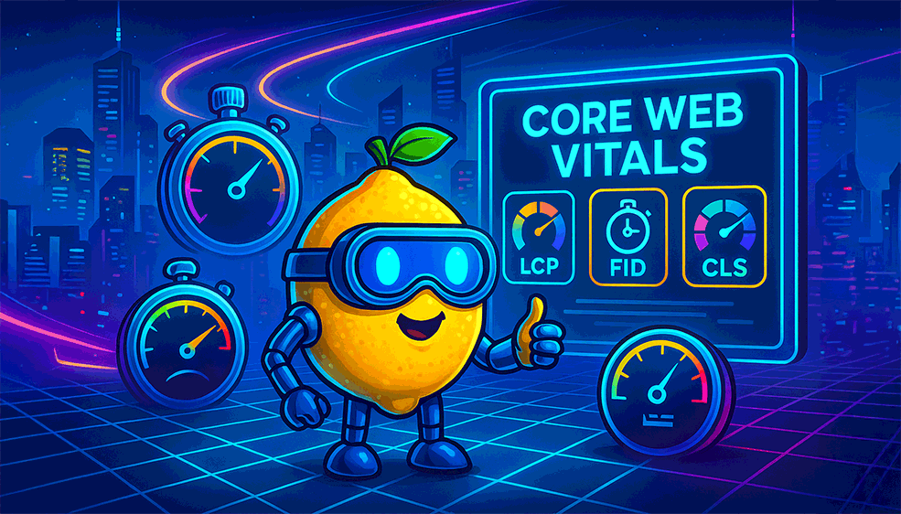 Neon-futuristische Cartoon-Grafik: Smart-Lemon mit Brille und holografische Diagramme zu den Core Web Vitals