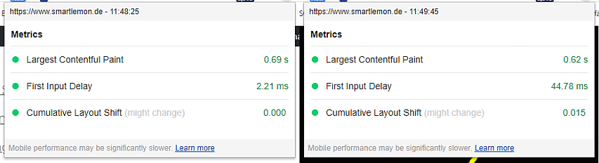 Screenshot Core Web Vitals Extension Chrome - SMART LEMON