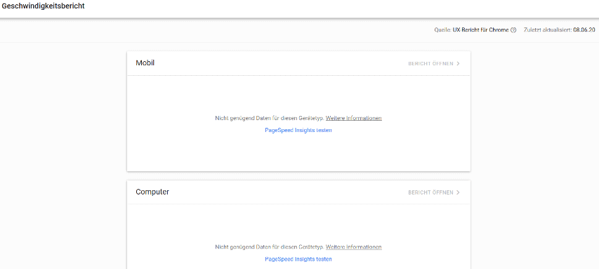 Nicht genügend Daten - Geschwindigkeitsreport Google Search Console - Core Web Vitals - SMART LEMON