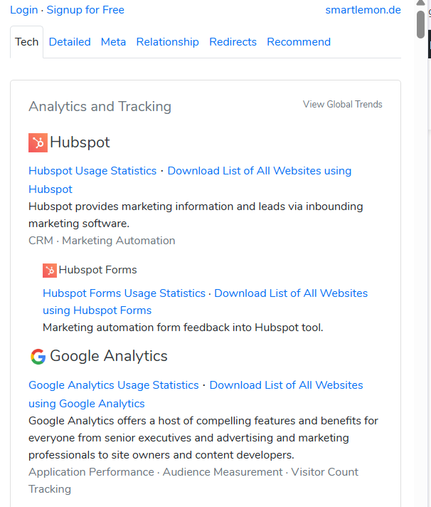 Screenshot BuiltWith Technology Profiler Extension - SMART LEMON