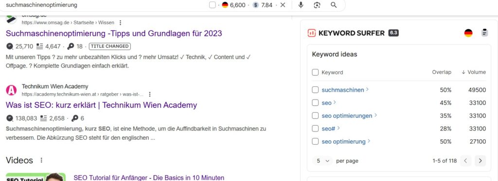 Screenshot Keyword Surfer Extension