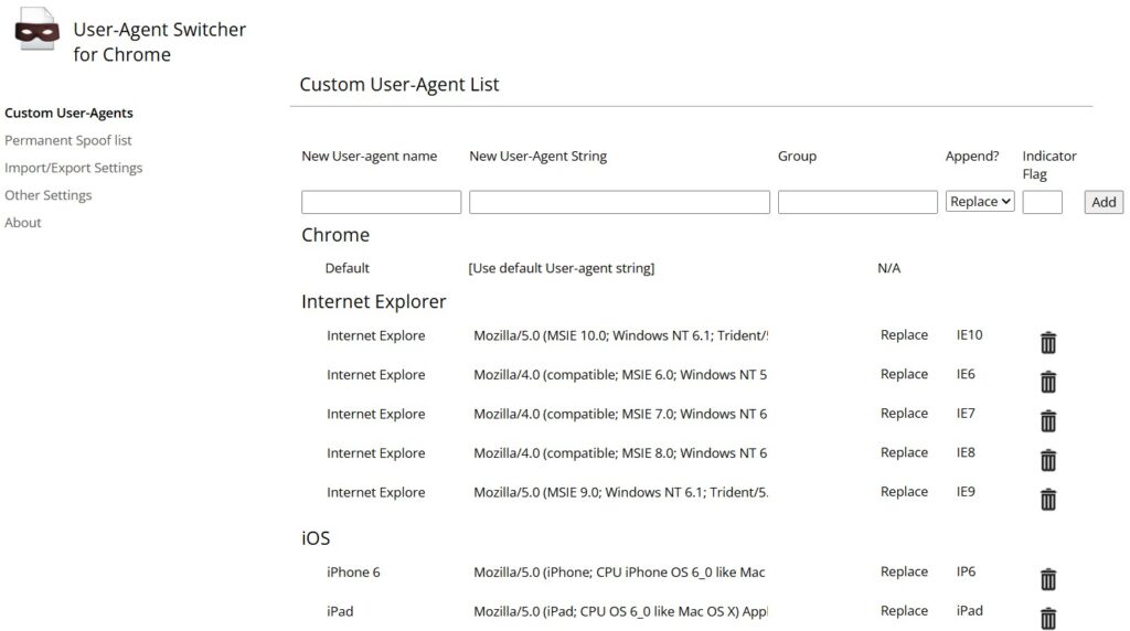Screenshot User Agent Switcher Extension