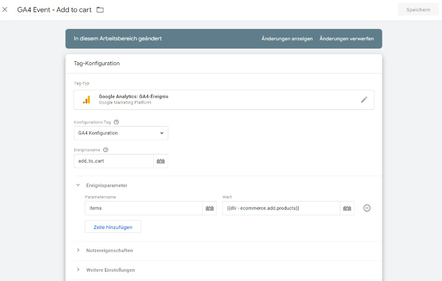 Google Tag Manager, Google Analytics 4 Konfiguration, "addtocart" Tag Event
