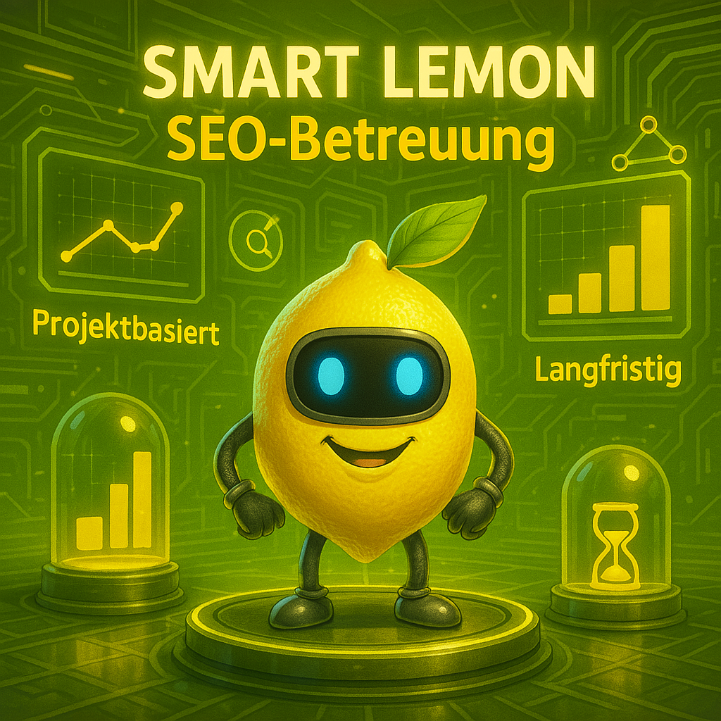Cartoonhafte Darstellung einer Zitrone mit den Worten "SMART LEMON SEO-Betreuung" über ihr - SMART LEMON