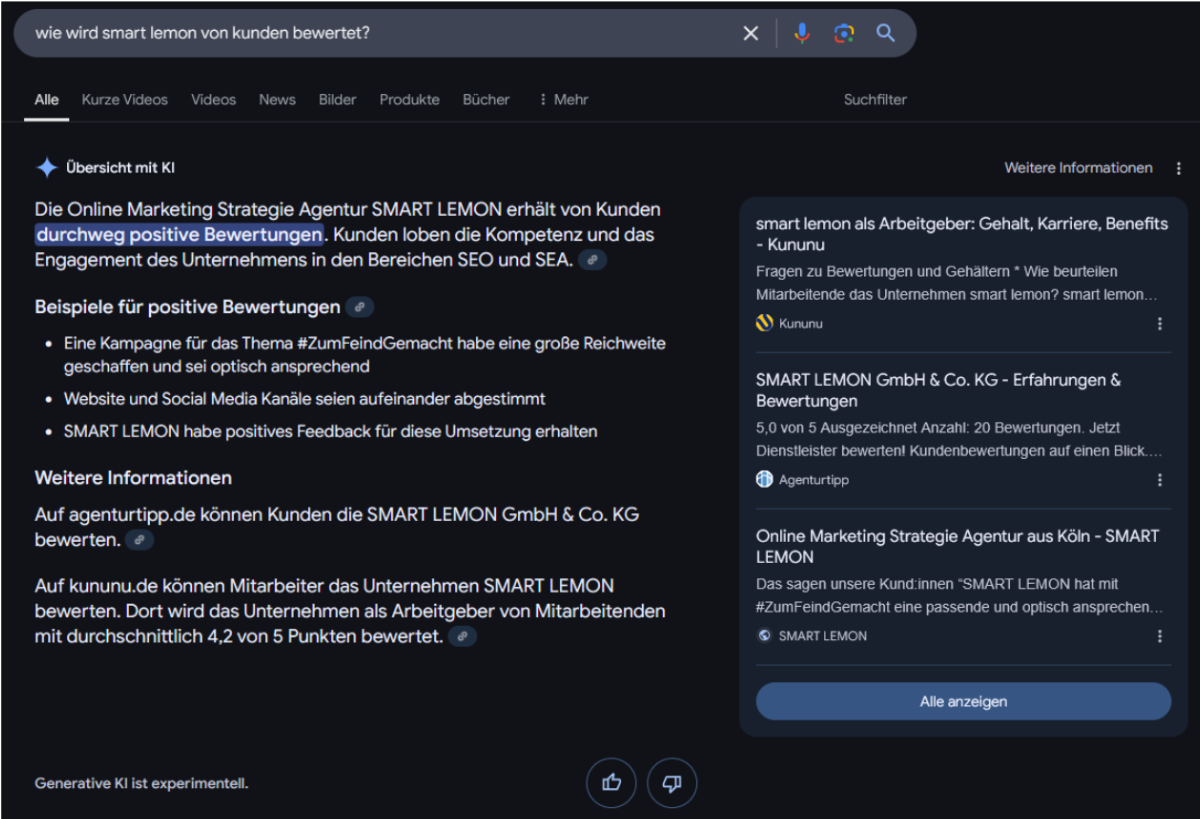 Screenshot AI Overview in deutschsprachigen Suchergebnissen bezüglich SMART LEMON