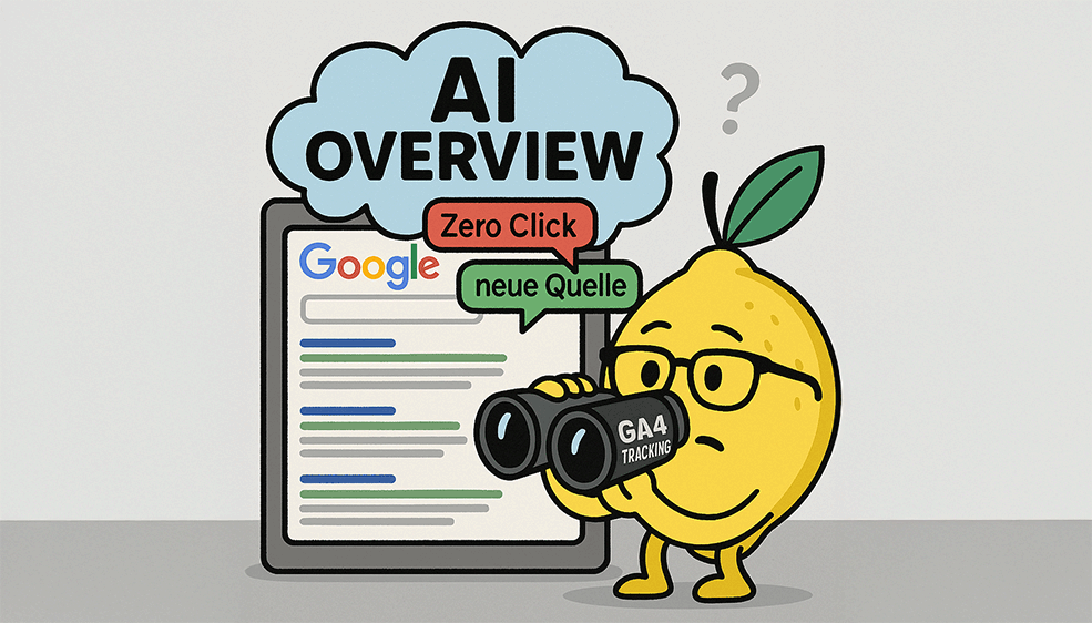 Cartoonhafte Darstellung einer Zitrone, die vor einem Suchergebnis mit AI Overviews steht: Zero Clicks? Neue Traffic-Quelle? SMART LEMON