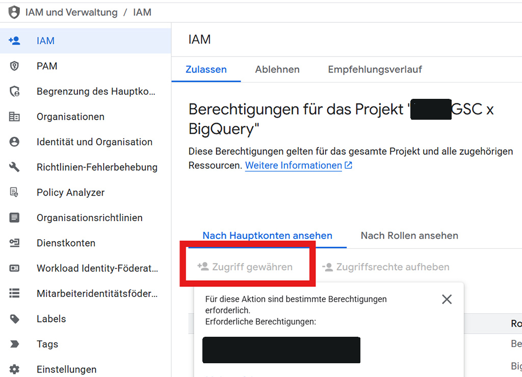 IAM-Oberfläche in Google Cloud zeigt Fläche „Zugriff gewähren“