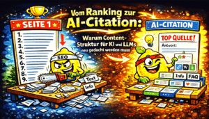 Comicgrafik: SEO-Figur sägt Ranking-Liste, KI-Figur zeigt strukturierte AI-Citation mit FAQ und Quellenangaben