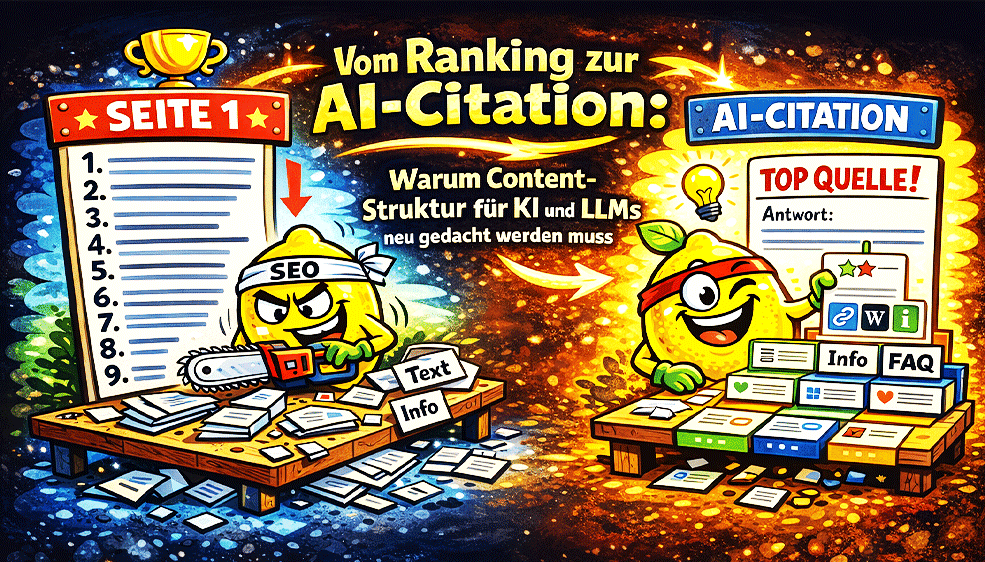 Comicgrafik: SEO-Figur sägt Ranking-Liste, KI-Figur zeigt strukturierte AI-Citation mit FAQ und Quellenangaben