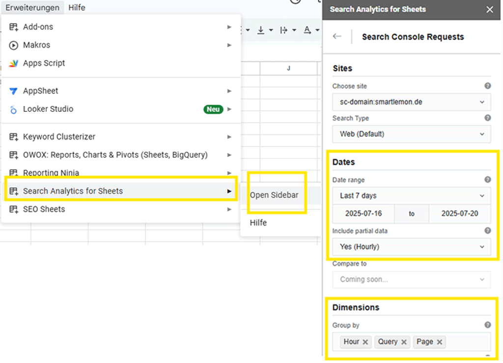 Screenshot der Extension "Search Analytics for Sheets" mit Markierungen der 24h-Daten.