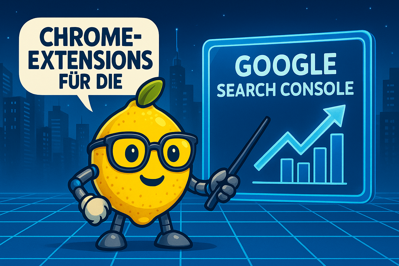 Eine Cartoon-Zitrone zeigt mit einem Stab auf eine Diagramm mit der Überschrift "Google Search Console"