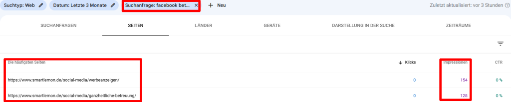 Screenshot von rankenden URLs für eine Suchanfrage in der Google Search Console.