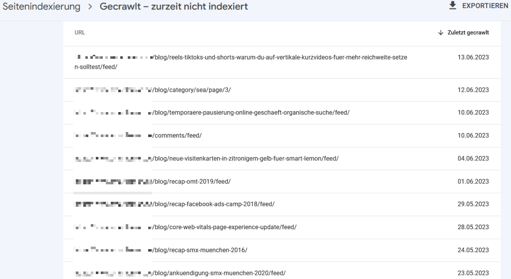 Übersicht an URLs, die gecrawlt, aber nicht indexiert sind, in der Google Search Console.