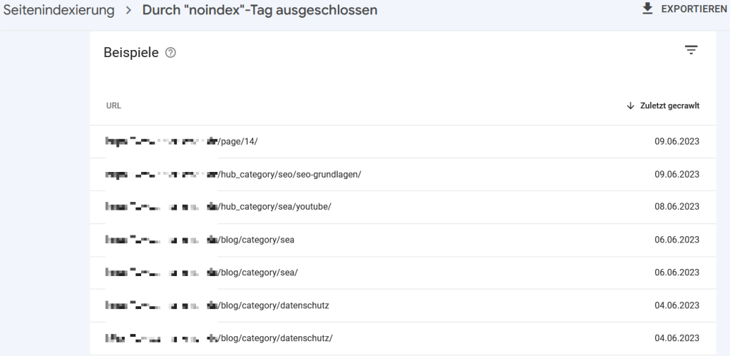 Liste an URLs in der Google Search Console, die auf noindex stehen