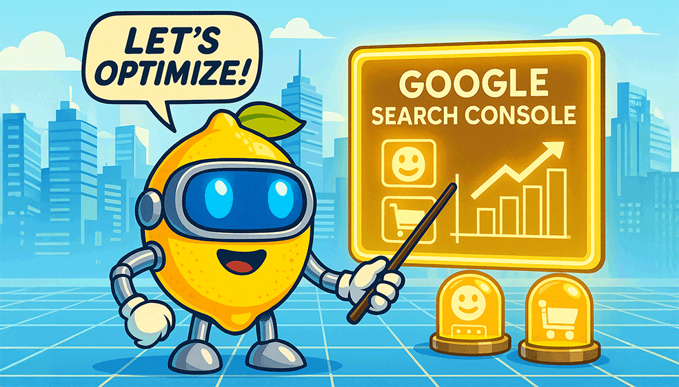 Cartoonhafte Darstellung einer Zitrone, die auf eine Tafel mit dem Titel Google Search Console zeigt - SMART LEMON