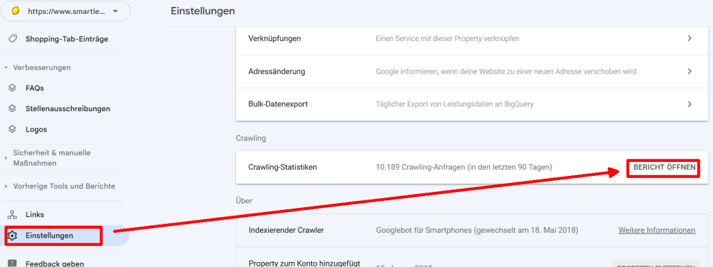 Die Oberfläche der Google Search Console mit Verweis auf den Crawling-Bericht