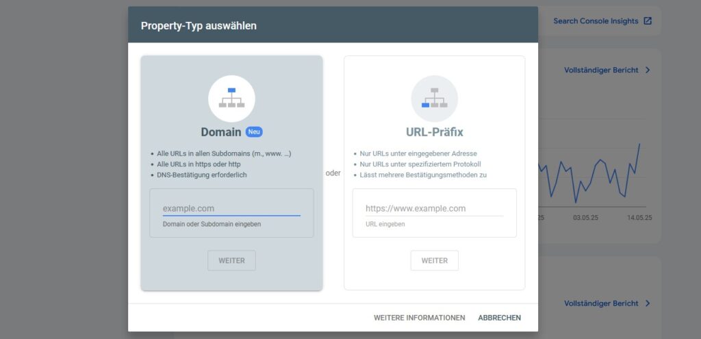 Screenshot der Property-Hinzufügung in der Google Search Console - SMART LEMON