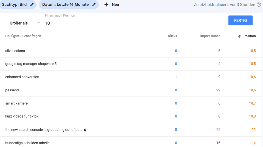 Screenshot von mehreren Keywords mit dem gewählten Suchtyp "Bild" und einem Filter im Leistungs-Report der Google Search Console.