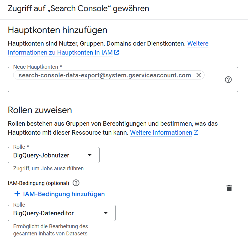 IAM-Oberfläche in Google Cloud zeigt Fläche „Zugriff gewähren“