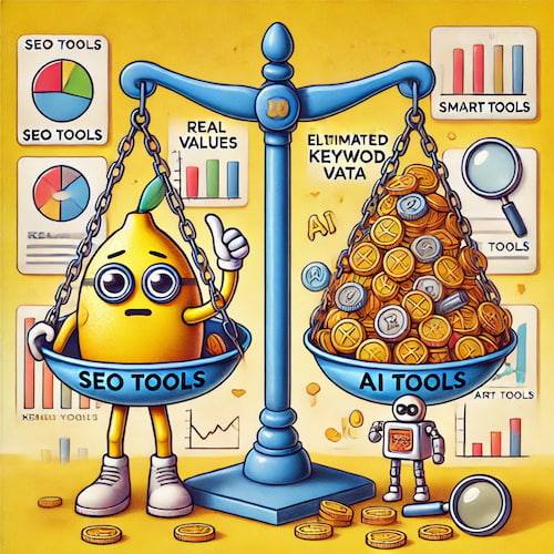 Illustration einer Zitrone in Waagschale mit „SEO Tools“ gegen „AI Tools“ voller Münzen.