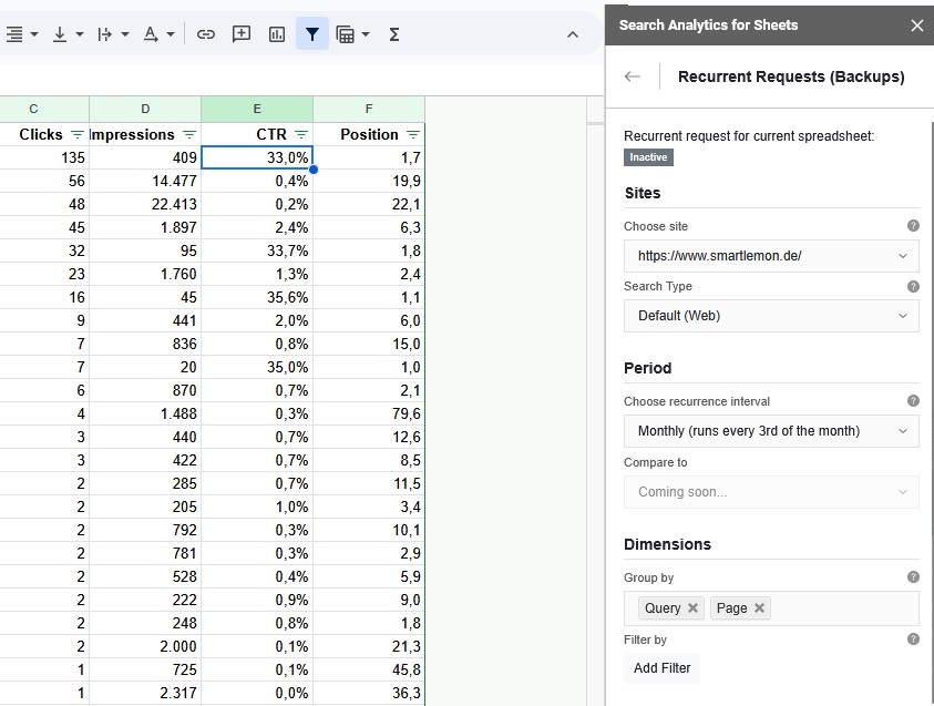 Screenshot der Recurrent Requests der Chrome Extension "Search Analytics for Sheets" - SMART LEMON