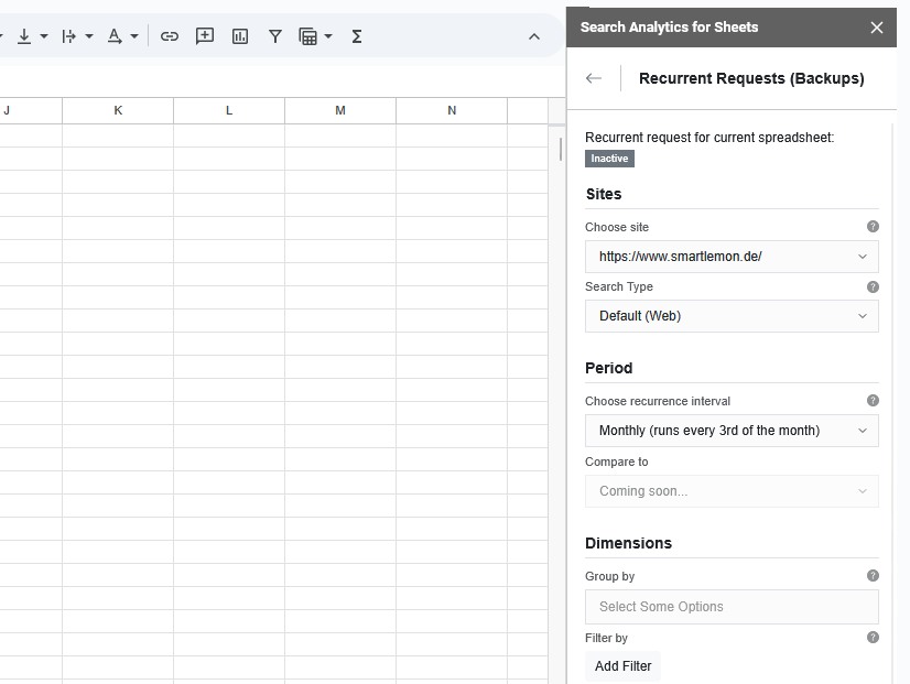 Screenshot der Recurrent Requests der Chrome Extension "Search Analytics for Sheets" - SMART LEMON