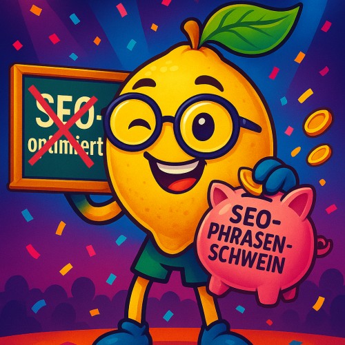 Cartoonhaftes Bild einer Zitrone, die ein "SEO-Phrasenschwein" und eine Tafel mit dem durchgestrichenen Wort "SEO-optimiert" hält - SMART LEMON