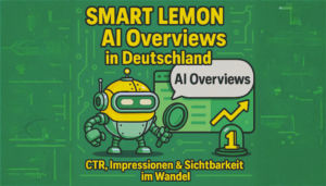 Eine Cartoon-Zitrone mit einer Brille blickt mit einer Lupe auf eine Tafel. Dort steht der Schriftzug "AI Overviews".