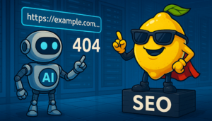 Cartoonhafte Darstellung einer Zitrone und eienm AI-Roboter, die beide auf eine URL mit der Zahl 404 zeigen - SMART LEMON