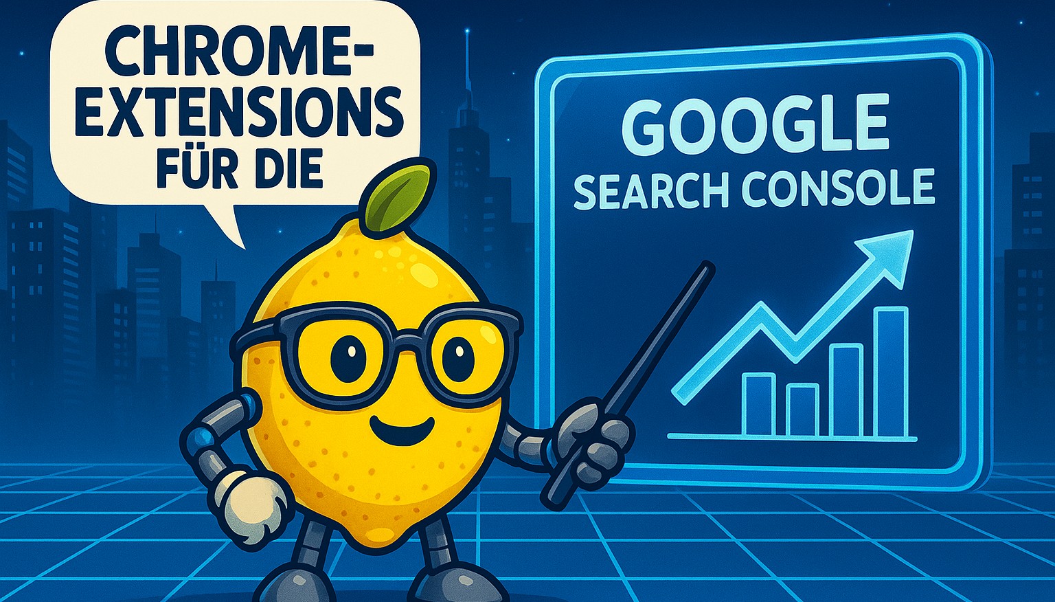 Eine Cartoon-Zitrone zeigt mit einem Stab auf eine Diagramm mit der Überschrift "Google Search Console"