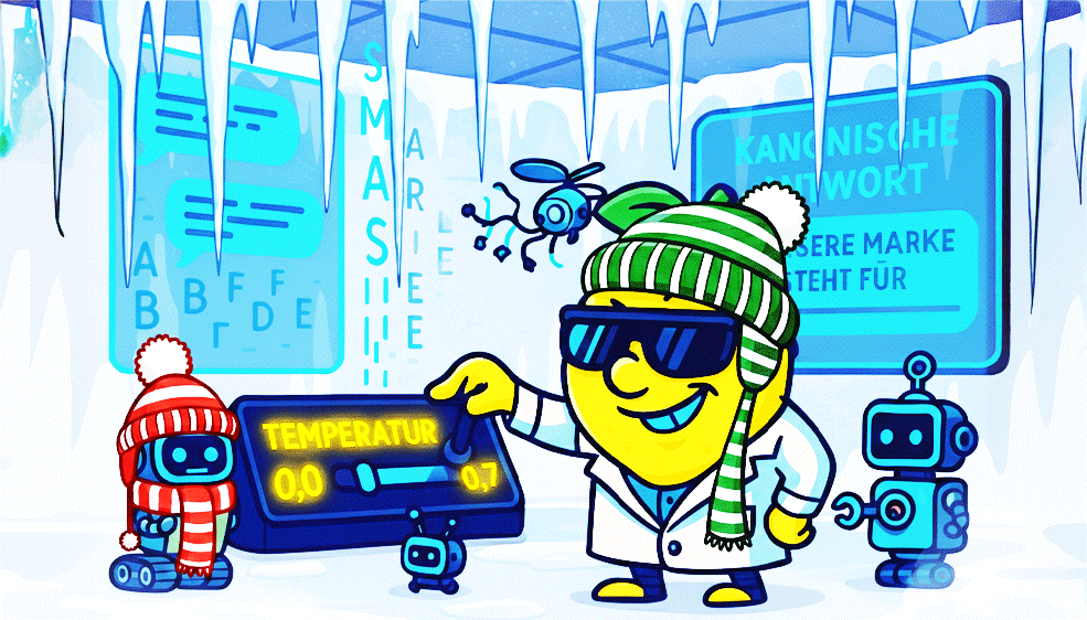 Eine Cartoon-Zitrone mit Schal vor einem Display mit Regler, auf dem "LLM-Temperatur 0,0 - 0,7" steht - SMART LEMON
