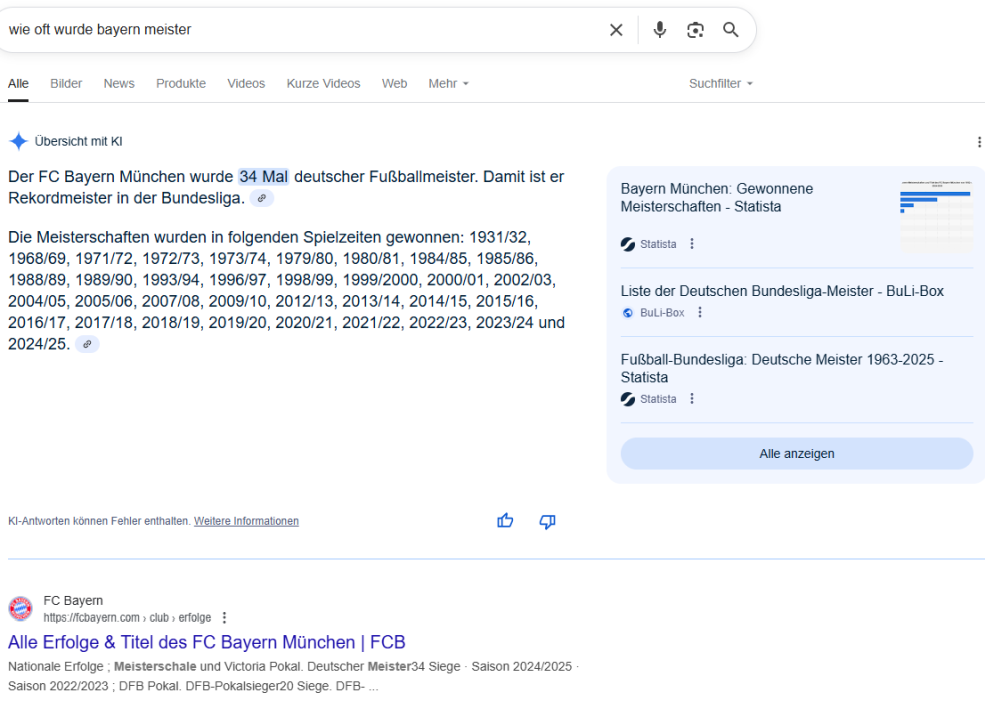 Screenshot der Google Suchergebnisseite für [wie oft wurde bayern meister] inklusive AI Overviews - SMART LEMON