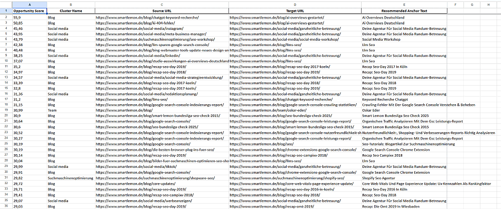 Screenshot einer optimierten internen Link-Matrix nach dem SMART-LEMON-Workflow.