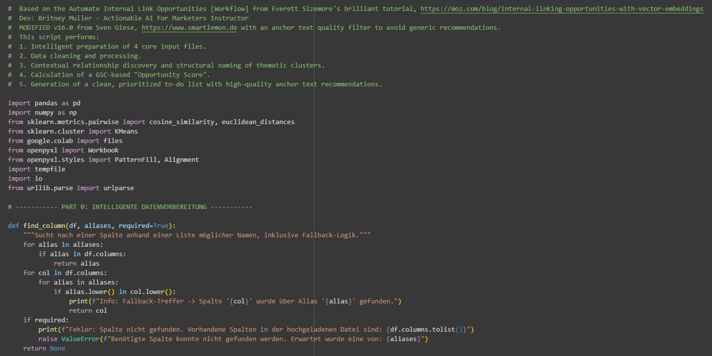 Screenshot aus dem SMART LEMON Colab Notebook Internal Linking Analysis Script