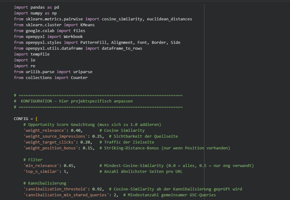 Screenshot aus dem SMART LEMON Colab Notebook Internal Linking Analysis Script
