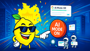 Comic-Zitrone mit Sonnenbrille zeigt auf einen roten Button, auf dem "AI Mode on" steht. Im Hintergrund ist die deutsche Landesgrenze in gelber Farbe zu sehen.