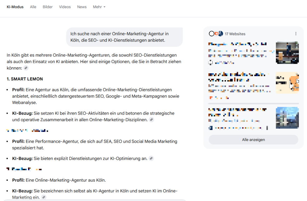 Screenshot des Google AI Mode mit der Query "Ich suche nach einer Online-Marketing-Agentur in Köln, die SEO- und KI-Dienstleistungen anbietet." - SMART LEMON Blog