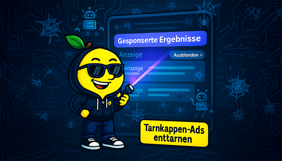 Comic-Zitrone mit Sonnenbrille leuchtet mit Taschenlampe auf neues Suchergebnis-Layout mit gesponserten Ergebnissen. - SMART LEMON