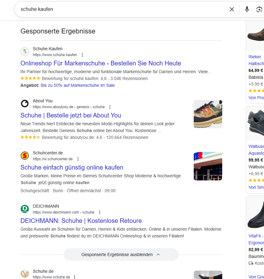 "Gesponserte Ergebnisse"-Abschnitt für die Google-Suchanfrage [schuhe kaufen] am 07.11.2025 - SMART LEMON