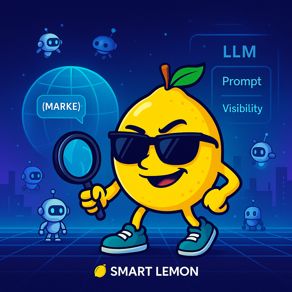 Comic-Zitrone mit Sonnenbrille und Lupe. Mehrere Roboter sind im Hintergrund zu sehen, in der Skyline dahinter Begriffe wie "Marke", "LLM", "Prompt", Visibility. - SMART LEMON