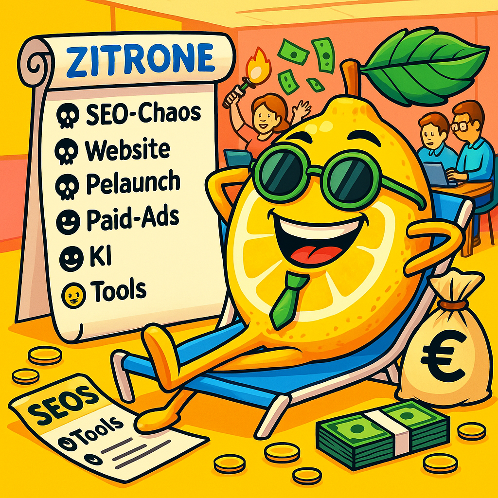 Comic-Zitrone mit Sonnenbrille liegt auf einem Liegestuhl. Neben ihm ist ein Blatt zu sehen, auf dem steht: SEO-Chaos, Website, Relaunch, Paid Ads, KI, Tools. Hinter der Zitrone sitzen mehrere Menschen vor Laptops, vor ihr ist Geld zu sehen - SMART LEMON