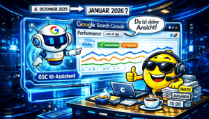 Cartoon zeigt GSC KI-Assistent und SEO-Zitrone vor Performance-Dashboard mit Kurven im Büro.