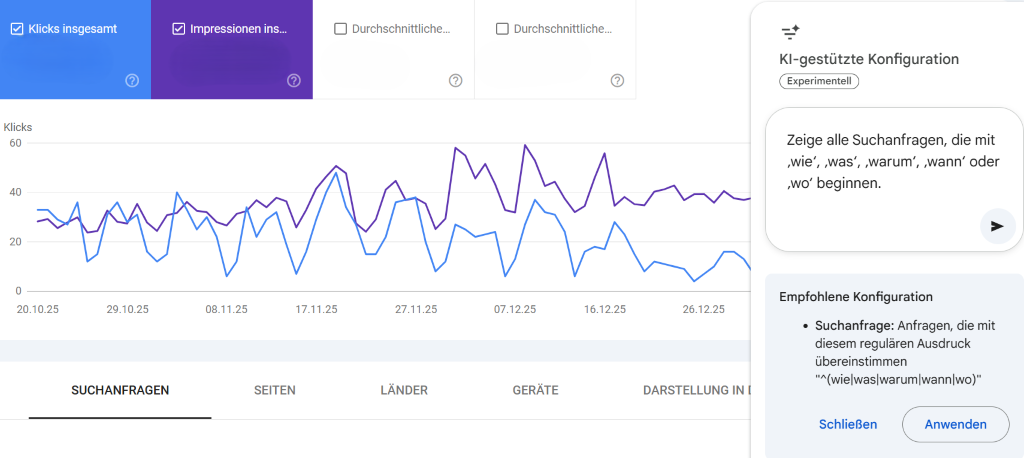 Google Search Console mit Klick- und Impressionenverlauf sowie KI-Assistent für Suchanfragen-Filter mit dem Prompt: Zeige alle Suchanfragen, die mit ‚wie‘, ‚was‘, ‚warum‘, ‚wann‘ oder ‚wo‘ beginnen.