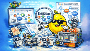 Cartoon-Zitrone mit Lupe zeigt Entitäten; Roboter analysieren Google NLP und Knowledge Graph.