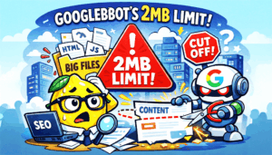 Cartoon-Zitrone schaut entsetzt auf den Googlebot, der mit einer Schere ein Dokument, auf dem "Content" steht, durchschneidet. Oben drüber ein Warndreieck: "2 MB Limit!" - SMART LEMON